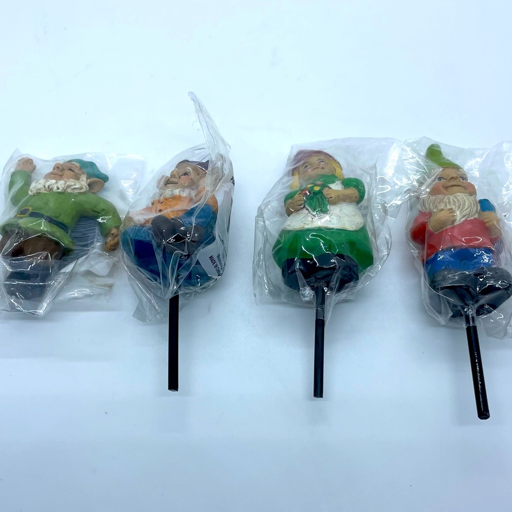 Garden Gnomes Statues, Pot Stakes, & Holder (set of 4)